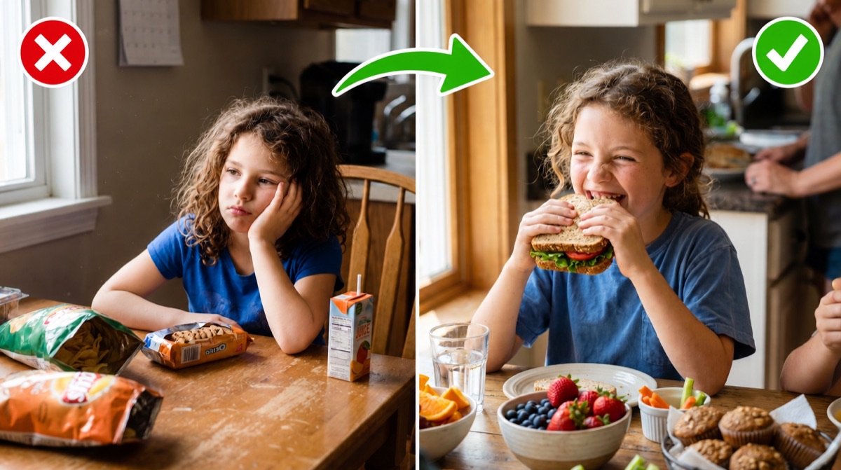 A la izquierda, una niña aburrida frente a paquetes de frituras y un jugo de caja, marcada con una X roja. A la derecha, la misma niña comiendo feliz un sándwich con frutas frescas, marcada con un visto verde.