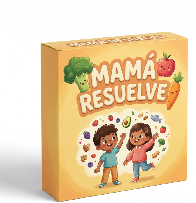 Caja del producto digital Mamá Resuelve con ilustraciones de frutas y verduras sonrientes.