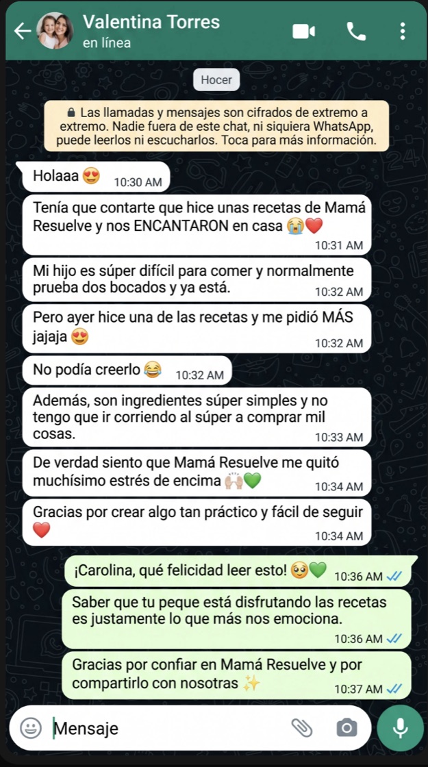 Captura de WhatsApp: una mamá cuenta que su hijo es difícil para comer y aun así le pidió más de una de las recetas de la guía.