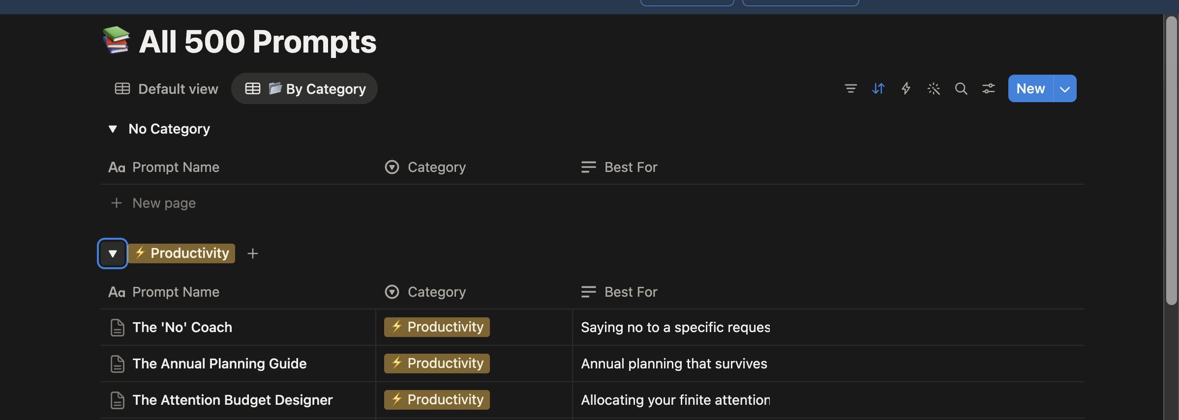 The Prompt Vault Notion workspace showing categorized prompts
